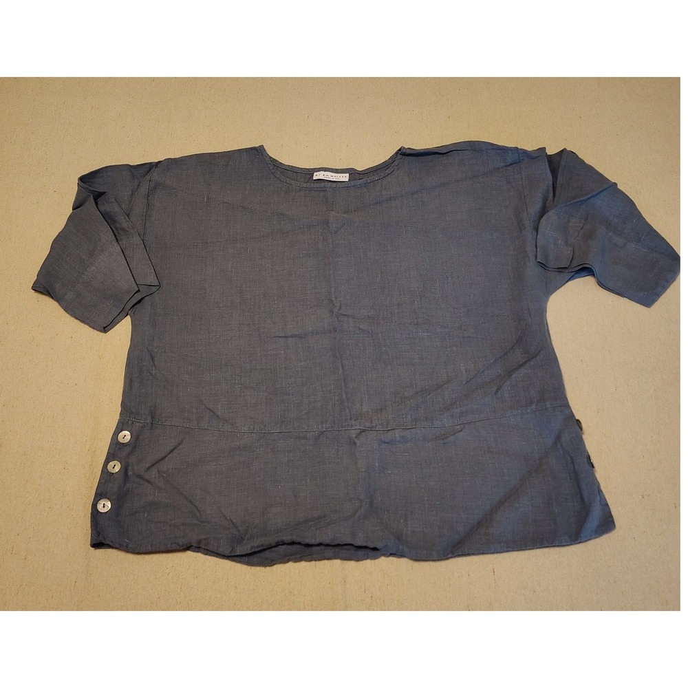Bryn Walker Womens Small Blue 100% Linen Boxy Button Side Slit Top Made in USA